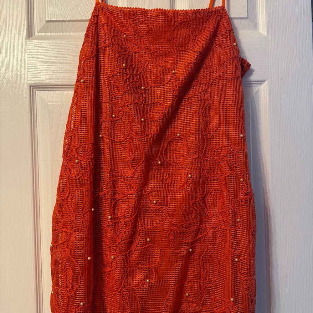 Red Crochet Mini Dress with Pearl Accents
